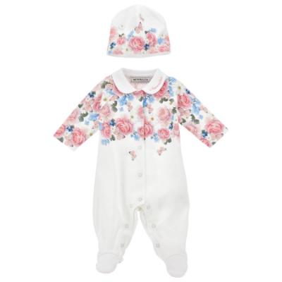 Picture of Monnalisa Bebe Girls Rose Garden Babygrow With Hat Set X 2 - Ivory Pink