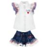 Picture of Monnalisa Girls Hello Kitty Ruffle Blouse & Denim Shorts Set X 2 - White Blue