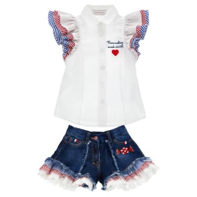 Picture of Monnalisa Girls Hello Kitty Ruffle Blouse & Denim Shorts Set X 2 - White Blue