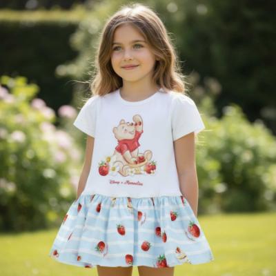 Picture of PRE ORDER Monnalisa Bebe Girls Disney Pooh Bear Drop Waist Dress - Ivory Red Blue