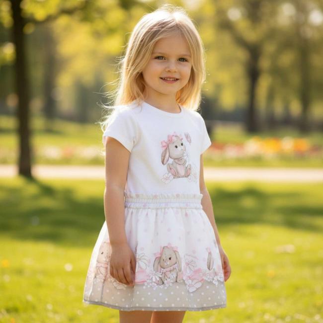 Picture of PRE ORDER Monnalisa Bebe Girls Romantic Bunny Top & Skirt Set X 2 - Ivory Pink