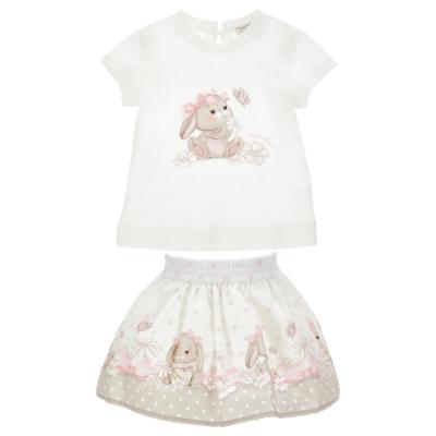 Picture of PRE ORDER Monnalisa Bebe Girls Romantic Bunny Top & Skirt Set X 2 - Ivory Pink