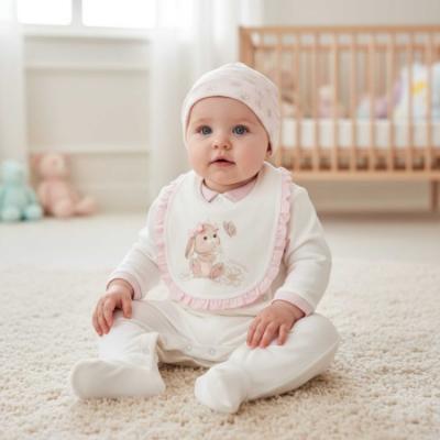 Picture of PRE ORDER Monnalisa Bebe Girls Romantic Bunny Babygrow Hat & Bib Set X 3  - Ivory Pink
