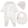 Picture of PRE ORDER Monnalisa Bebe Girls Romantic Bunny Babygrow Hat & Bib Set X 3  - Ivory Pink