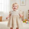 Picture of Sarah Louise Girls Smocked Bodice Puff Sleeve Dress - Beige Ivory