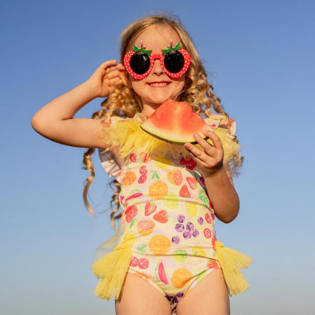 Picture of PRE ORDER Daga Girls Tutti Fruitti Print Swimsuit With Tulle - Yellow Multi