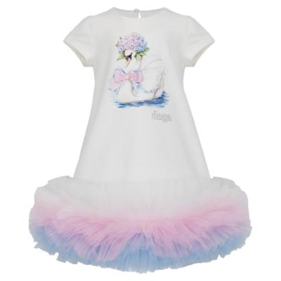 Picture of PRE ORDER Daga Girls Pastel Bloom Swan Tulle Hem Dress - White Pink Blue