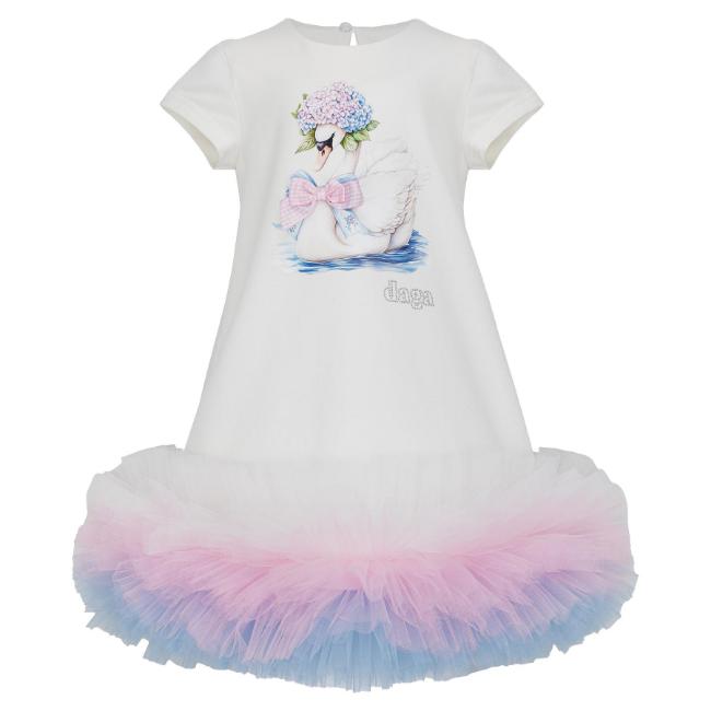 Picture of PRE ORDER Daga Girls Pastel Bloom Swan Tulle Hem Dress - White Pink Blue