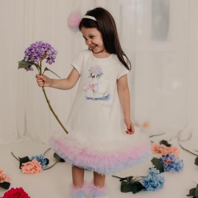 Picture of PRE ORDER Daga Girls Pastel Bloom Swan Tulle Hem Dress - White Pink Blue
