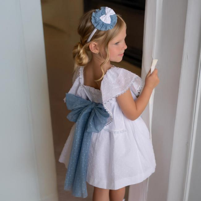 Picture of PRE ORDER Miranda Girls Plumetti Ruffle Dress - White Blue