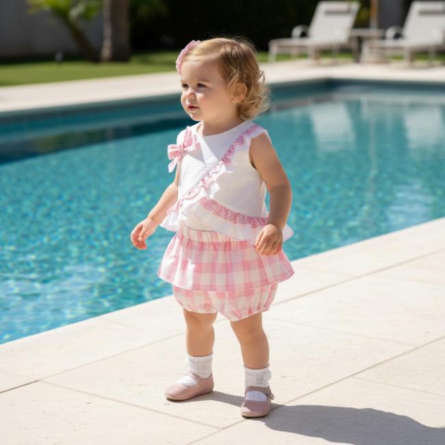 Picture of PRE ORDER Miranda Baby Girls Check Skirted Jam Pant Set X 2 - White Pink