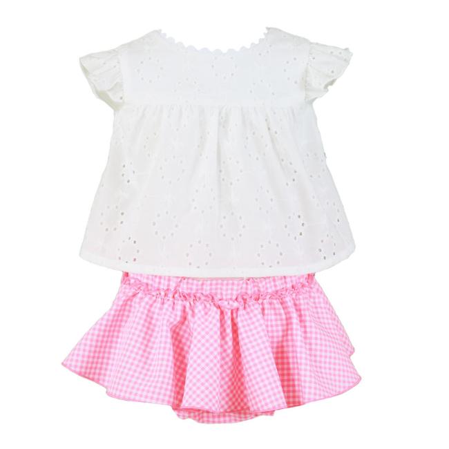 Picture of PRE ORDER Miranda Baby Girls Fluor Gingham Skirted Jam Pant Set X 2 - White Neon Pink