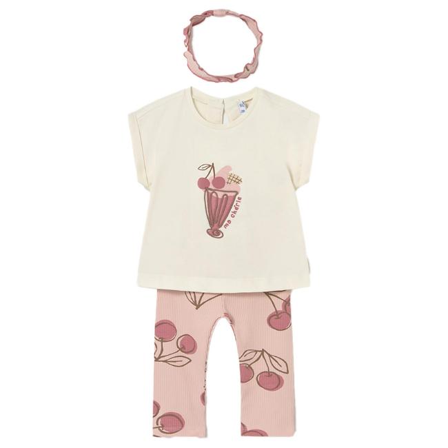 Picture of Mayoral Toddler Girls Summer Cherry Leggings Set With Headband X 3 - Cream Pink
