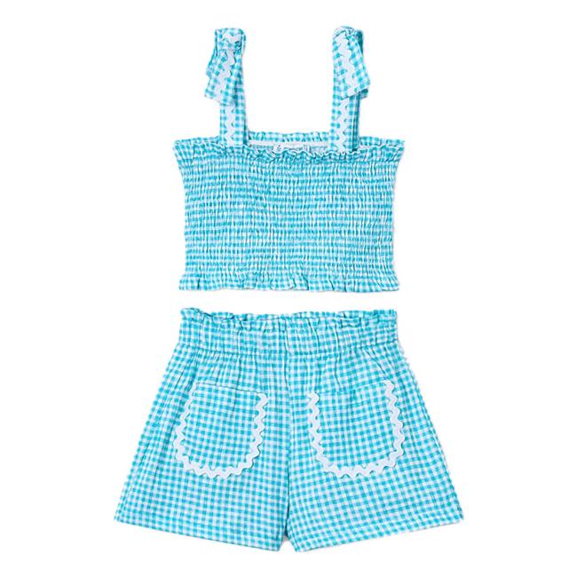 Picture of Mayoral Girls Summer Elastic Smock Gingham Top & Shorts Set X 2 - Blue