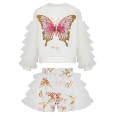 Picture of PRE ORDER Daga Girls Twinkle Flight Applique & Tulle Sweater & Tulle Ruffles Shorts Set X 2 - White Beige
