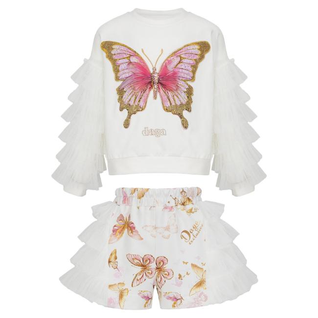Picture of PRE ORDER Daga Girls Twinkle Flight Applique & Tulle Sweater & Tulle Ruffles Shorts Set X 2 - White Beige