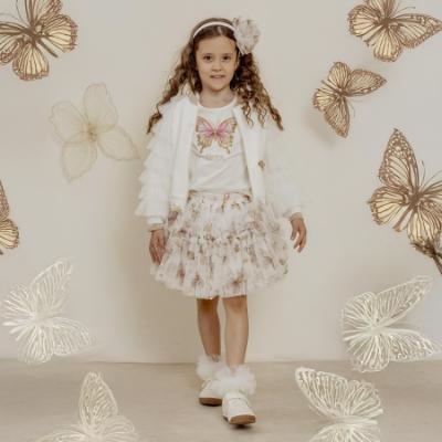 Picture of PRE ORDER Daga Girls Twinkle Flight Applique & Tulle Top & Tulle Ruffle Skirt Set X 2 - White Beige