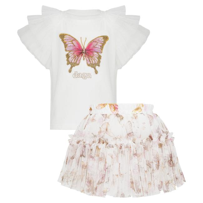 Picture of PRE ORDER Daga Girls Twinkle Flight Applique & Tulle Top & Tulle Ruffle Skirt Set X 2 - White Beige
