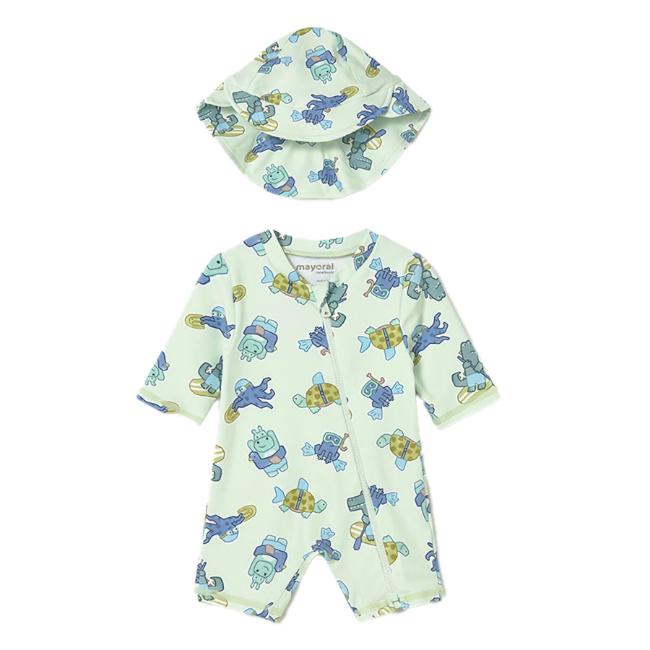 Picture of Mayoral Newborn Boys Hippo Swim Suit & Sunhat Set X 2 - Green Multi