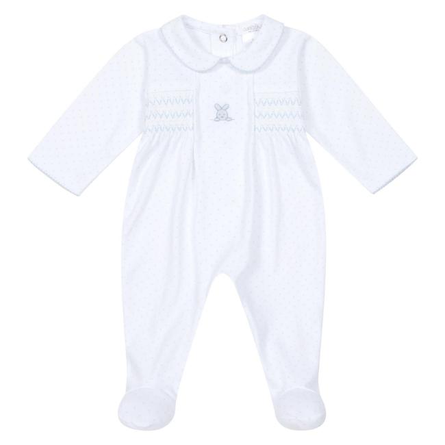 Picture of Deolinda Baby Boys Confetti Smocked Bodice Polka Babygrow In Gift Box - White Blue