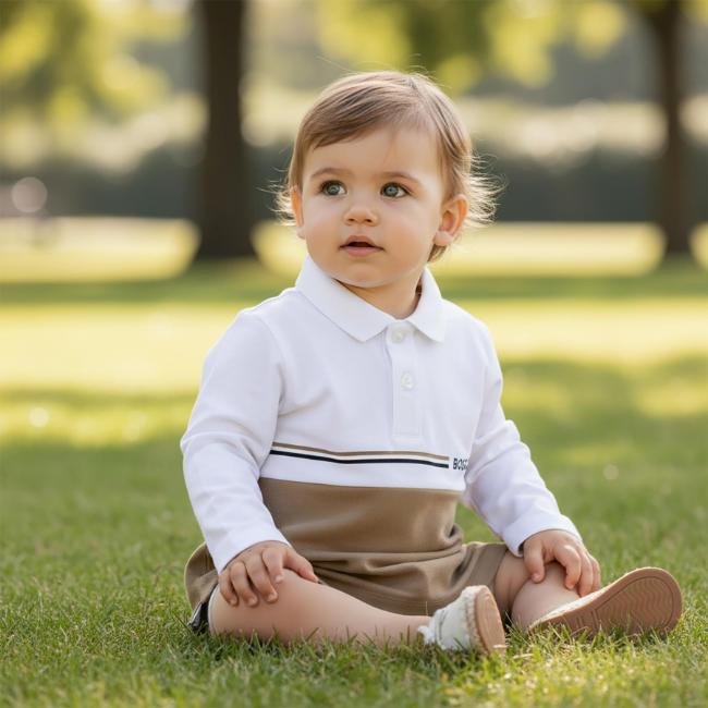 Picture of BOSS Toddler Boys Long Sleeve Two Tone Polo Top - White Cookie Beige