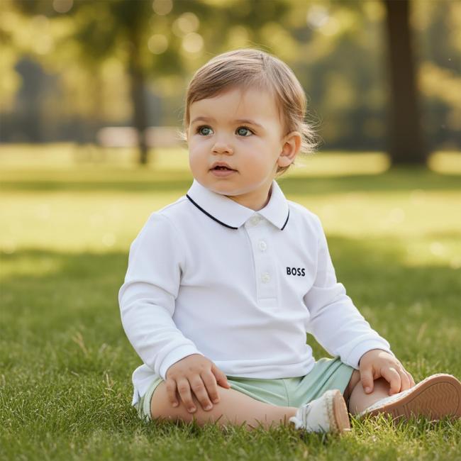 Picture of BOSS Toddler Boys Long Sleeve Pique Cotton Polo Top - White Black