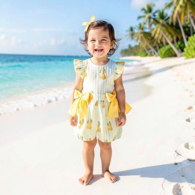 Picture of Meia Pata Girls Pears Ruffle Jumpsuit - Lemon Green
